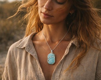 Turquoise necklace silver Big Turquoise pendant Slab turquoise necklace December birthstone Natural Raw Turquoise necklace Rough Turquoise