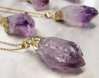 Raw Amethyst crystal necklace Natural purple gold amethyst pendant February birthstone necklace