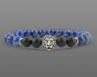 Silver Lion Men Stone bracelet Lion Head bracelet Blue Bead men bracelet Lapis man bead bracelet Natural lapis lazuli bracelet 8mm bracelet