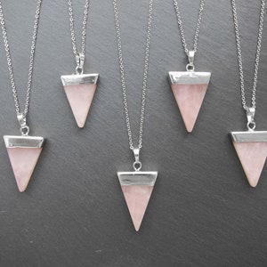 Triangle Rose quartz crystal necklace Silver Rose quartz pendant Natural rose quartz layered necklace