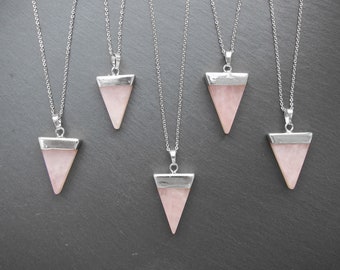 Triangle Rose quartz crystal necklace Silver Rose quartz pendant Natural rose quartz layered necklace