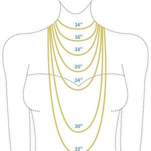 May include: Diagram showing different necklace lengths on a model, ranging from 14 inches to 33 inches.