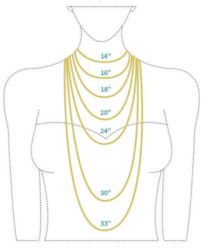 May include: Diagram showing different necklace lengths on a model, ranging from 14 inches to 33 inches.