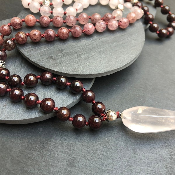 Garnet necklace 108 mala necklace January birthstone necklace Crystal mala necklace Rose quartz mala necklace Rhodonite necklace