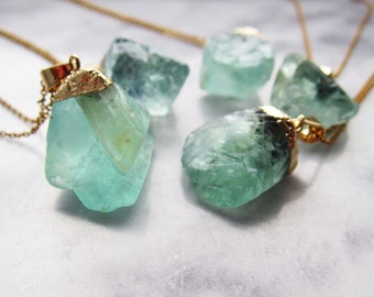 Green fluorite necklace Raw green stone pendant Natural crystal jewellery with 18k gold chain