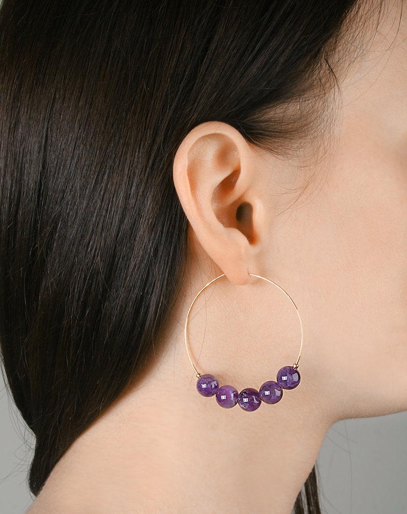 Boucles D'oreilles Créoles Améthyste Dorées - Bijou Femme Neuf Avec étiquettes Somini
