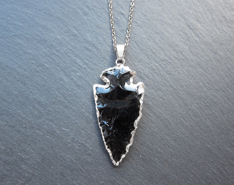 Black obsidian necklace Arrowhead necklace Real obsidian pendant Stone arrow head necklace SILV BLAC OBSID 1"