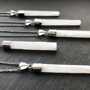 Silver Selenite necklace Calcite necklace Silver Raw selenite pendant Raw stone necklace Selenite stick necklace Skinny selenite necklace