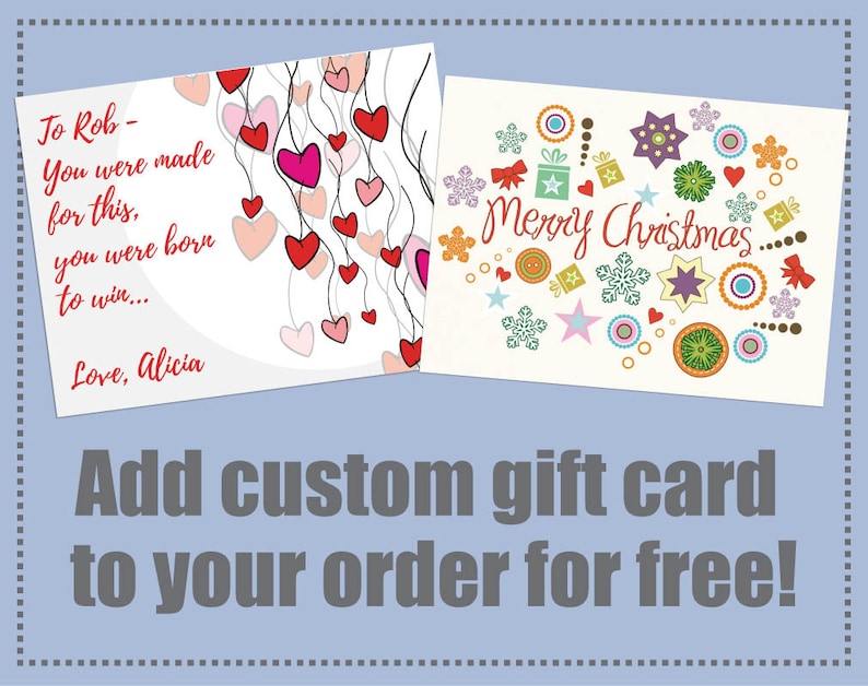 May include: Two gift cards are displayed. One card has red and pink hearts with the text "To Rob - You were made for this, you were born to win... Love, Alicia." The other card says "Merry Christmas" with colorful festive designs.