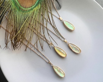 Fire opal necklace Teardrop pendant, Green long drop jewellery with 18k gold chain