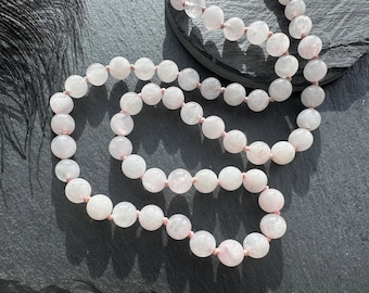 Collar de cuarzo rosa de 8 mm con cuentas, collar anudado de cuarzo rosa, collar de fertilidad, collar de yoga, rosario.