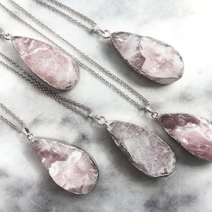 Raw Rose quartz necklace Rose quartz pendant silver