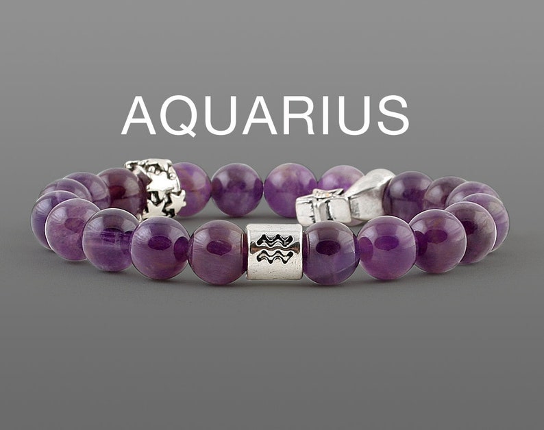 Aquarius birthstone Zodiac bracelet Zodiac jewellery Astrology bracelet Stretch bracelet Beaded bracelet Purple amethyst bracelet for women image 1