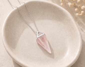 Rose quartz necklace Pyramid crystal pendant Dainty point jewellery with 18k golden chain