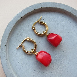 Raw Red coral earrings gold hoop Raw coral earrings Gold coral earrings Statement earrings