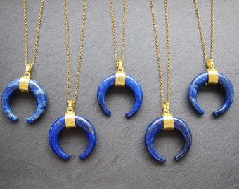Lapis lazuli Double horn necklace Crescent moon necklace Lapis horn necklace Crescent Horn pendant Blue moon pendant Gold doubl horn pendant