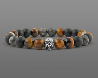 Men skull bracelet Tiger eye bracelet Men bead bracelet Silver Skull bracelet Black men bracelet Hipster bracelet Husband gift for boyfriend