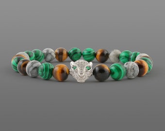 Silver panther bracelet Panther Mens bead bracelets Malachite man bracelet Jasper bracelet Zircon bead men bracelet Tiger bracelet Animal