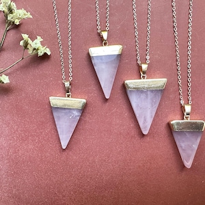 Rose quartz crystal necklace Rose quartz pendant Triangle natural rose quartz necklace Layered necklace Triangle gold quartz pendant