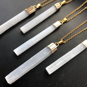 Raw Selenite necklace Natural calcite necklace Gold Raw selenite pendant Long crystal point necklace Selenite stick necklace