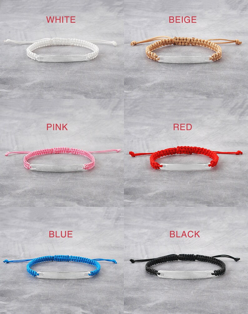 May include: Six braided bracelets with a silver nameplate. The bracelets are in the colours white, beige, pink, red, blue, and black.