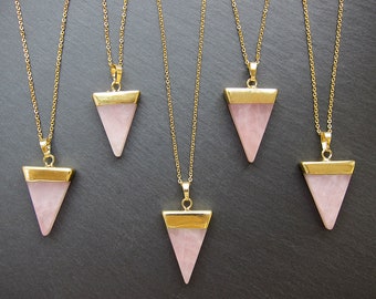 Rose quartz crystal necklace Rose quartz pendant Triangle natural rose quartz necklace Layered necklace Triangle gold quartz pendant