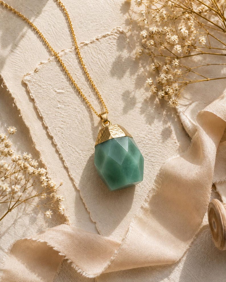 Green aventurine necklace Nephrite necklace Aventurine pendant Green drop necklace chain necklace Meditation stone necklace Healing crystal image 5