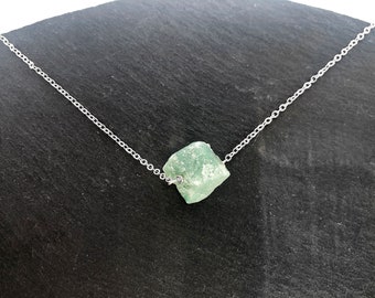 Raw green aventurine crystal necklace with silver chain