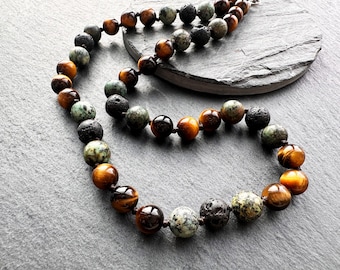 Men's Beaded Necklace with tiger eye, black lava and jasper beads