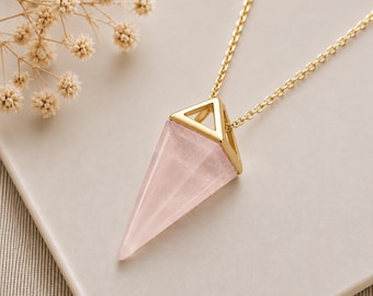 Rose quartz necklace Pyramid pendant Dainty point jewelry