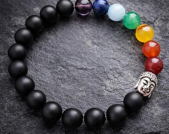 7 chakra bracelet Tibetan seven chakras Prayer elastic wristband Hippie jewelry Black mens accessory
