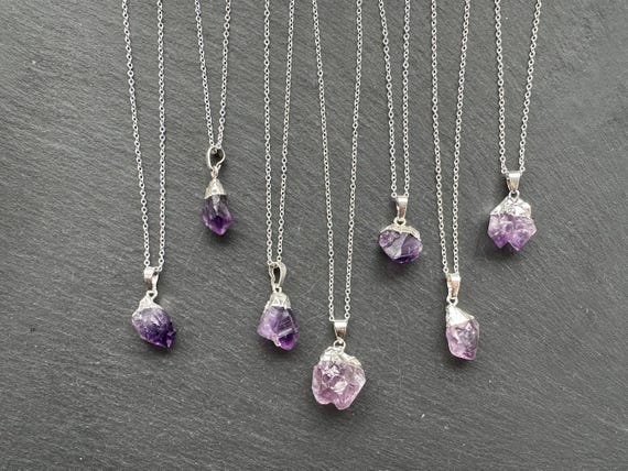 Small Amethyst Pendant Necklace, Raw Gemstone February Birthstone, Genuine Amethyst with Silver plated chain