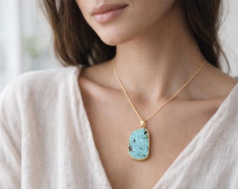 Blue Turquoise necklace Raw Turquoise pendant December birthstone Turquoise chain necklace Gold Rough Natural Turquoise pendant