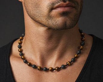 Man necklace Tiger eye necklace Surfer necklace Black lava necklace Men's necklace Beaded necklace Mens Jewelry for Mens stone necklace