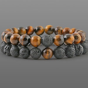 Double bracelet Bead Men's bracelets set Mens beads Men's Lava bracelet Lava and tiger eye bracelet Mens jewelry Couple bracelets for him