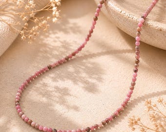 Natural rhodonite Necklace, Dainty rhodonite Jewelry, Delicate Pink Stone Necklace 3mm, Real gemstone Jewelry