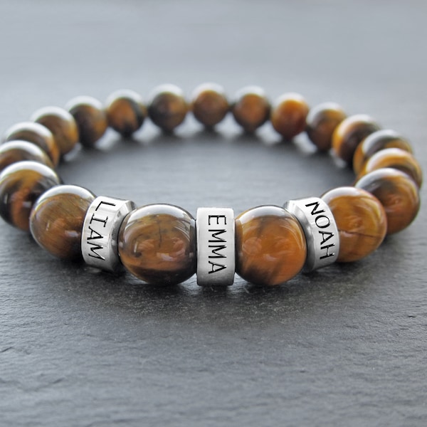 Cadeau pour homme Bracelet de nom de perles pour homme Bracelet de nom pour homme Bracelet de papa avec des noms d'enfants Bracelet de nom d'enfant pour papa