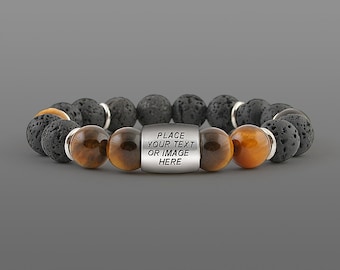 Pulsera de lava personalizada para hombres Personalizar pulsera de cuentas de hombre Pulsera de nombre personalizado Pulsera grabada 10 mm Pulsera personalizada Joyería grabada