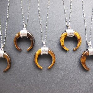 Tiger eye necklace men Tigers eye crystal pendant Double moon necklace Bone horn necklace Crescent moon Horn pendant Stone tusk necklace