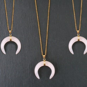 Rose quartz necklace Crescent moon double horn necklace Upside down moon necklace Tusk necklace Half moon necklace Double horn necklace