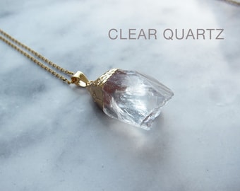 Clear quartz necklace, Rock crystal pendant, Boho Raw Gemstone jewellery