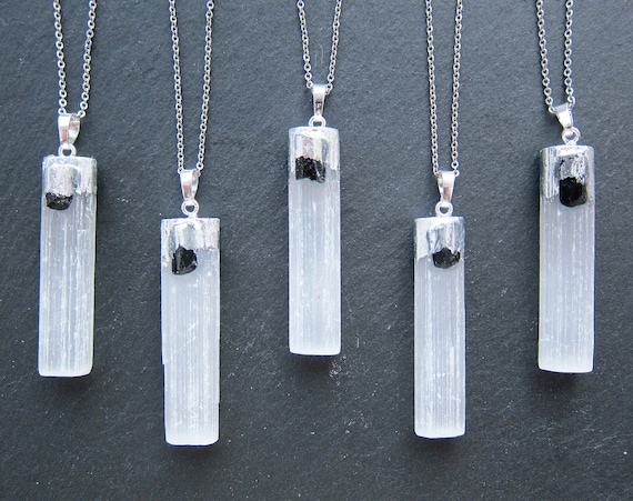 Raw Selenite necklace with tourmaline stone Calcite pendant Natural Gemstone jewelry