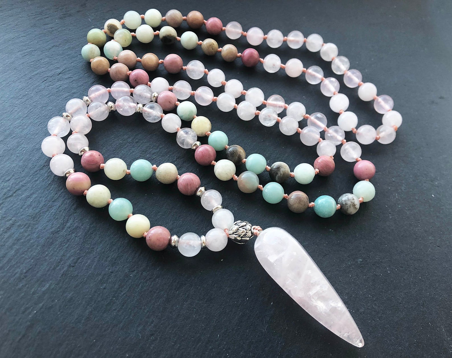Rose quartz necklace 108 mala bead necklace Amazonite necklace Etsy