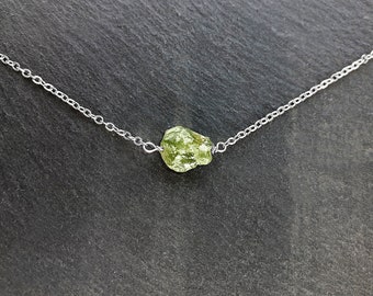 Raw peridot crystal necklace silver Freeform olivine silver necklace