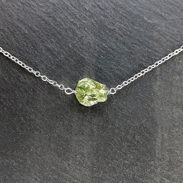 Raw peridot crystal necklace silver Freeform olivine silver necklace