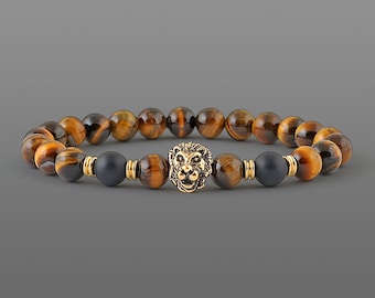 Lion head bracelet Man bracelets Husband Gift for boyfriend Tiger eye bracelet Beaded bracelet Protection bracelet Stretch bracelet for men