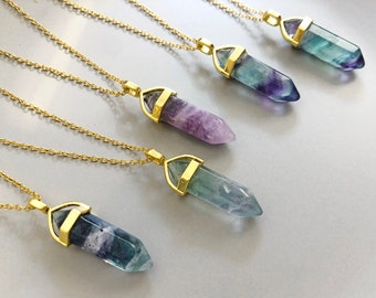 Rainbow fluorite necklace pendant Green fluorite pendant with 18k gold chain