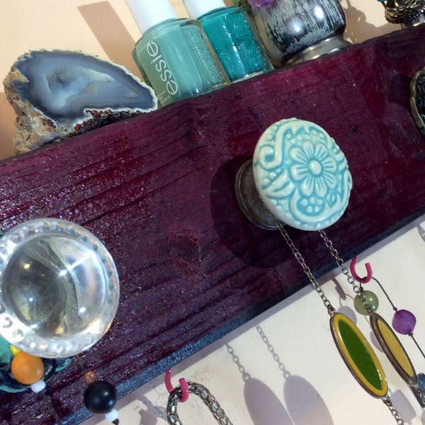 Necklace hanger / rustic wall rack / jewelry holder / reclaimed wood decor rouge with heavy metallic black accents 4 hooks 5 knobs