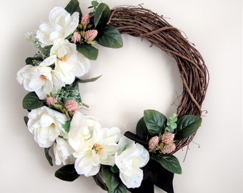 Southern Magnolia Wreath: Sympathy Mourning Wreath with Black Bow