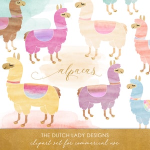 May include: A set of watercolor alpaca illustrations with gold accents. The alpacas are in various colors, including pink, purple, blue, yellow, and brown. The word "alpacas" is written in gold script.